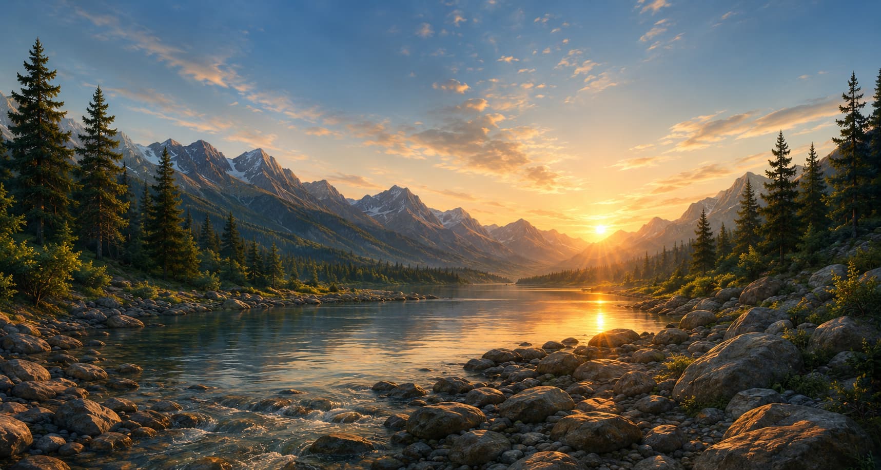 Sunset over a mountain lake framed by evergreen trees