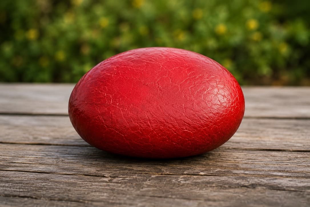 A red Trail Rock resting on a wooden surface outdoors